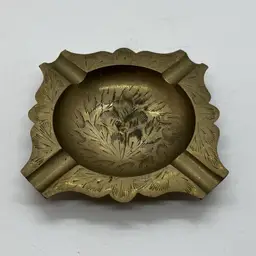 Vintage Brass Ashtray Dish Hand Etched India Floral Leaves