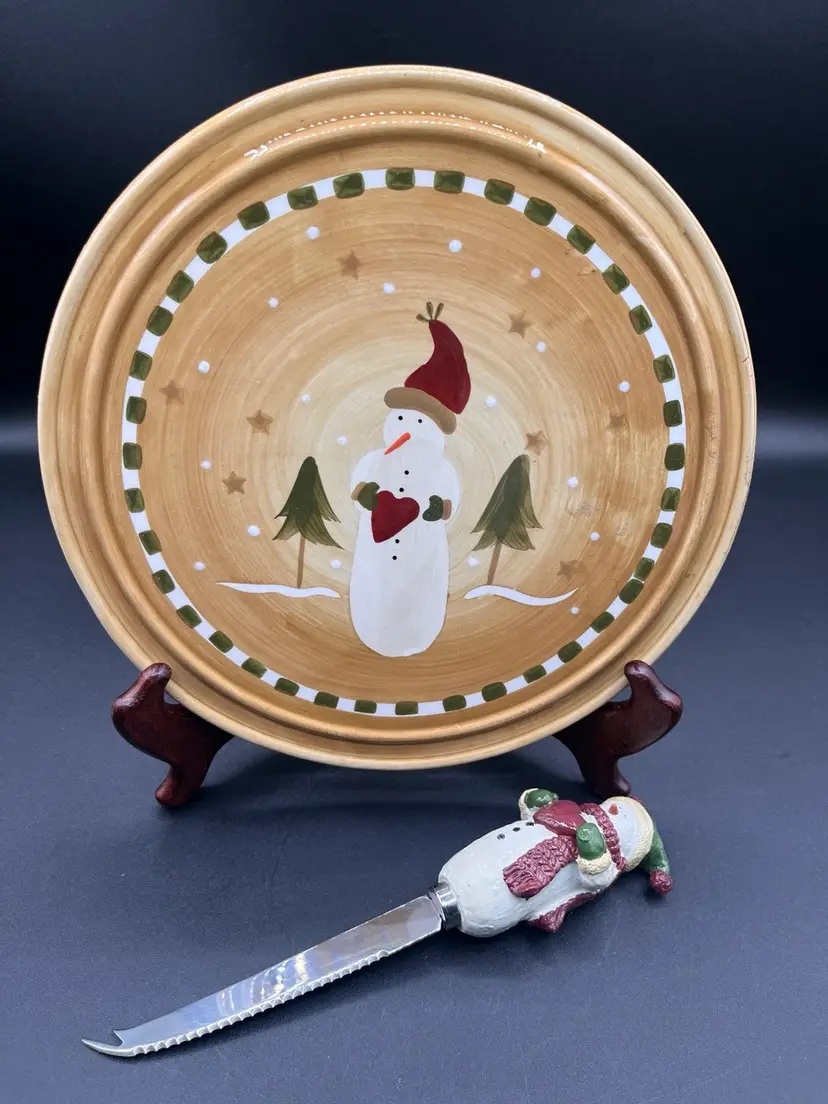 **Contemporary Christmas Holiday Sonoma Ceramic Cheese Plate And Knife 9” ☃️
