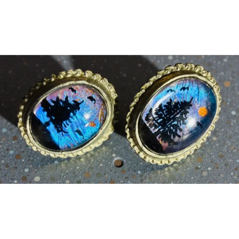 Vintage Art Deco Morpho Butterfly Wings Screw Back Earrings