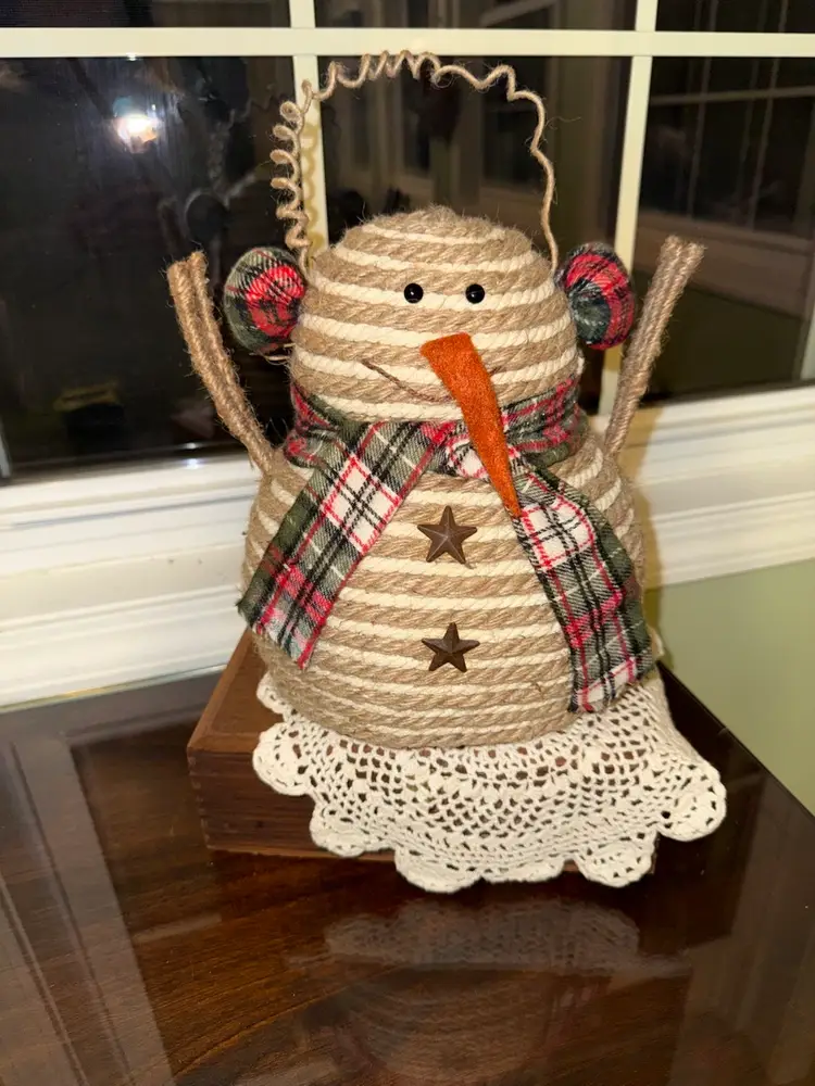 Snowman 9.5" Decor Rope with Plaid Scarf Rustic Farmhouse
