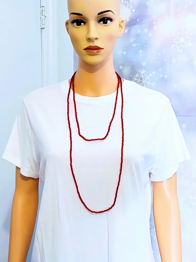 VINTAGE MCM HAND BEADED RED GLASS BEAD NECKLACE