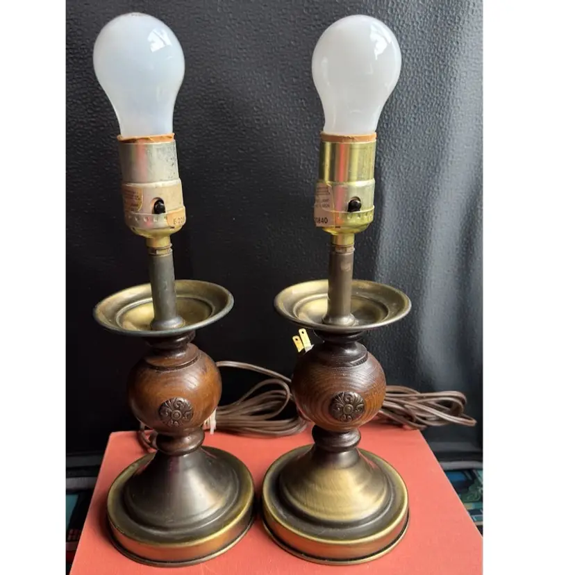 Vintage Mid-Century Pair Boudoir Accent Lamps - Wood & Brass Plated - French Provincial Rosette - 10"x 4.5”