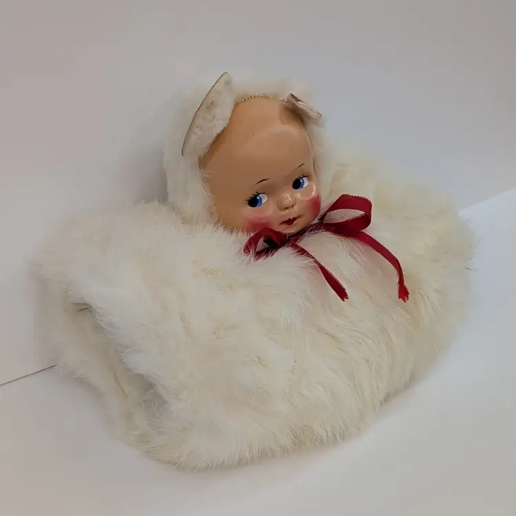 Vintage 50’s White Faux Fur Child’s Reversible Muff Doll Face and Puppy AS IS