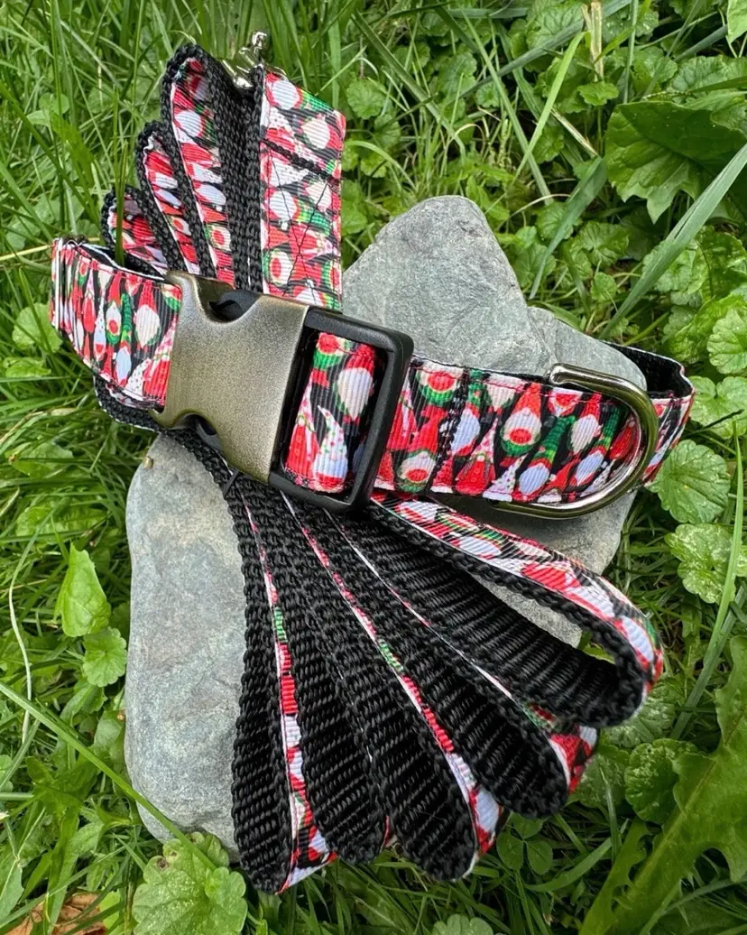 Large Handmade Heavy Duty Dog Collar & Leash Gnome Christmas Holiday Print