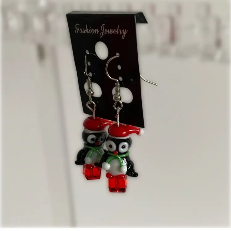 Vintage Handmade Lampwork Glass Penguin Earrings on Silver Hooks