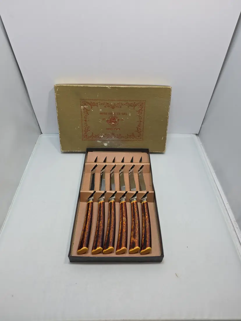 Vintage Sheffield Steak Knife Set 6 F Parker Sons Faux Stag W/ Box #3709 (N)