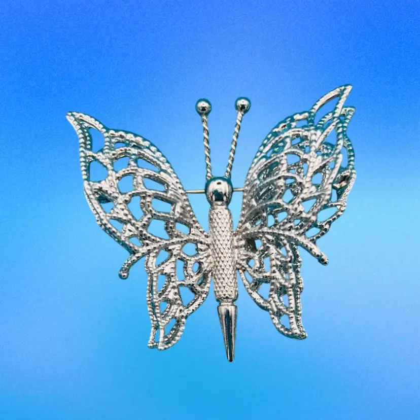 Vintage Silver-Tone Filigree Butterfly Brooch, Openwork Wing Design
