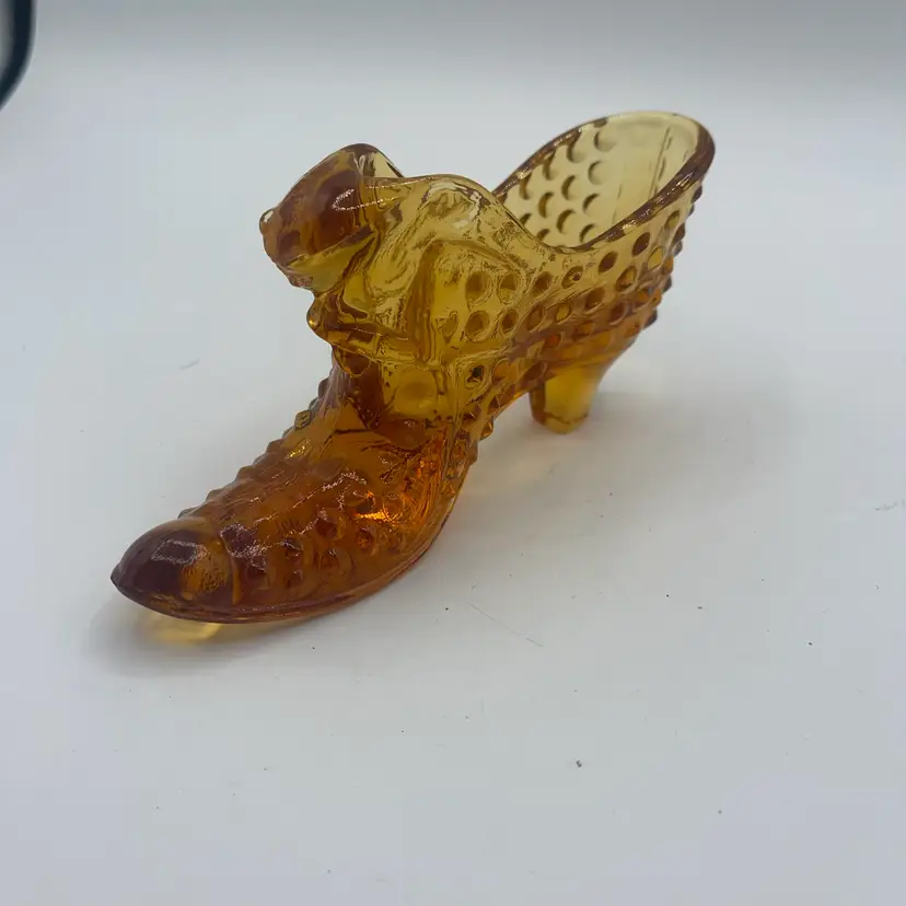 Fenton Art Glass Amber Brown Hobnail Cat Head Shoe Glass Slipper