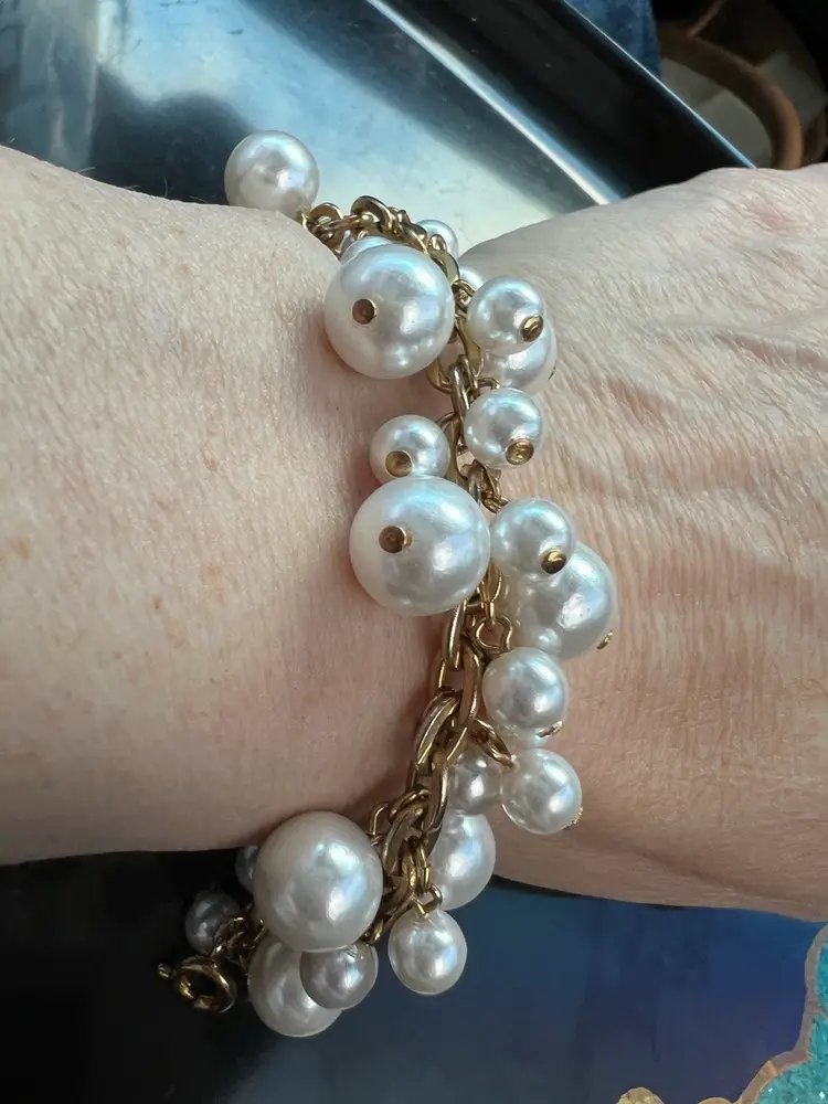 Gold Tone And Faux Pearl Bead Linked Bracelet
