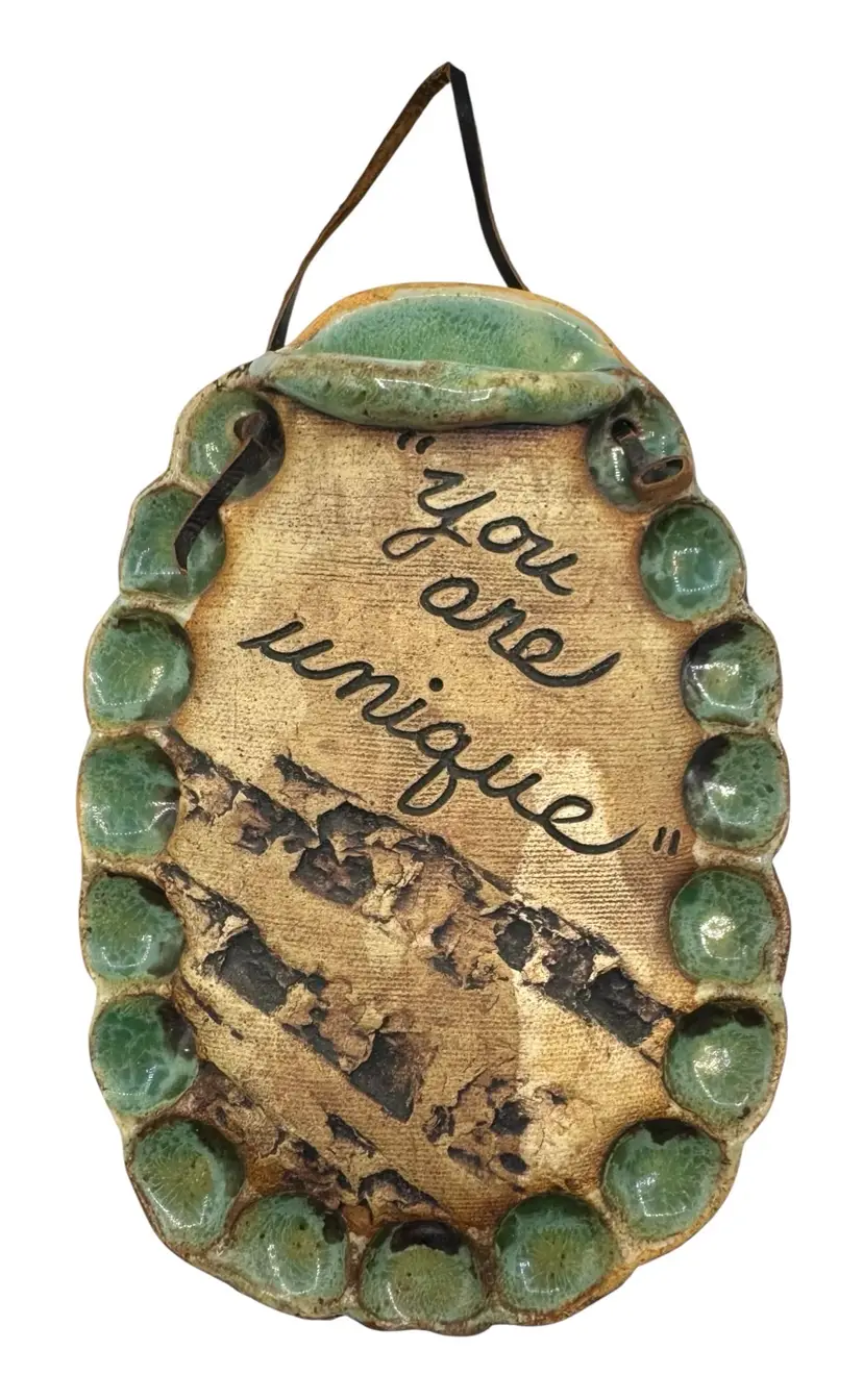 Signed Raus Vintage Studio Art Pottery Wall Pocket Vase You Are Unique Green