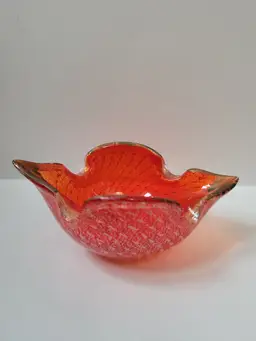 Vtg Murano Barovier Toso Ashtray Candy Bowl Red Glass Gold Silver Flecks Italy