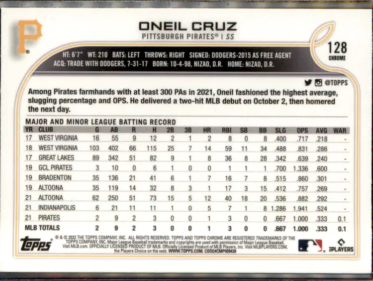2022 Topps Chrome Sonic #128a Oneil Cruz - (138) - Pittsburgh Pirates