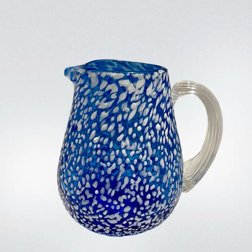 Miniature White On Cobalt Blue Splatter Glass Creamer Spaghetti Glass Handle Glows