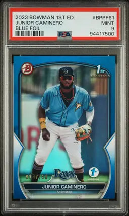 2023 Bowman 1st Edition Junior Caminero Blue Foil /150 PSA 9 - Tampa Bay Rays
