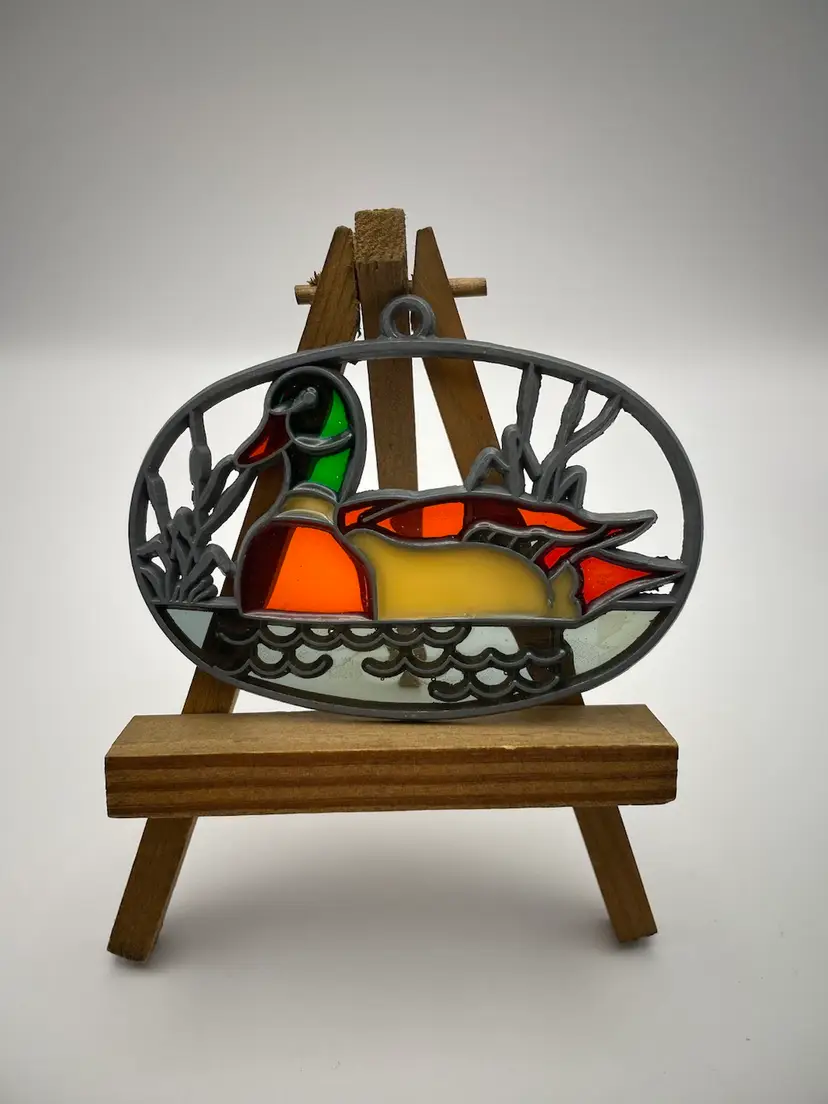 Vintage, Stained Glass/Metal Window Suncatcher, Duck on Pond with  Cattails