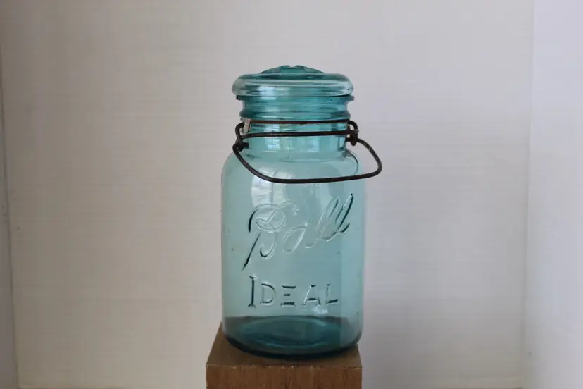 1923-33 Aqua Blue Glass Ball Ideal 1 Quart Canning Jar w/ Lid Wire Side #1 Mold
