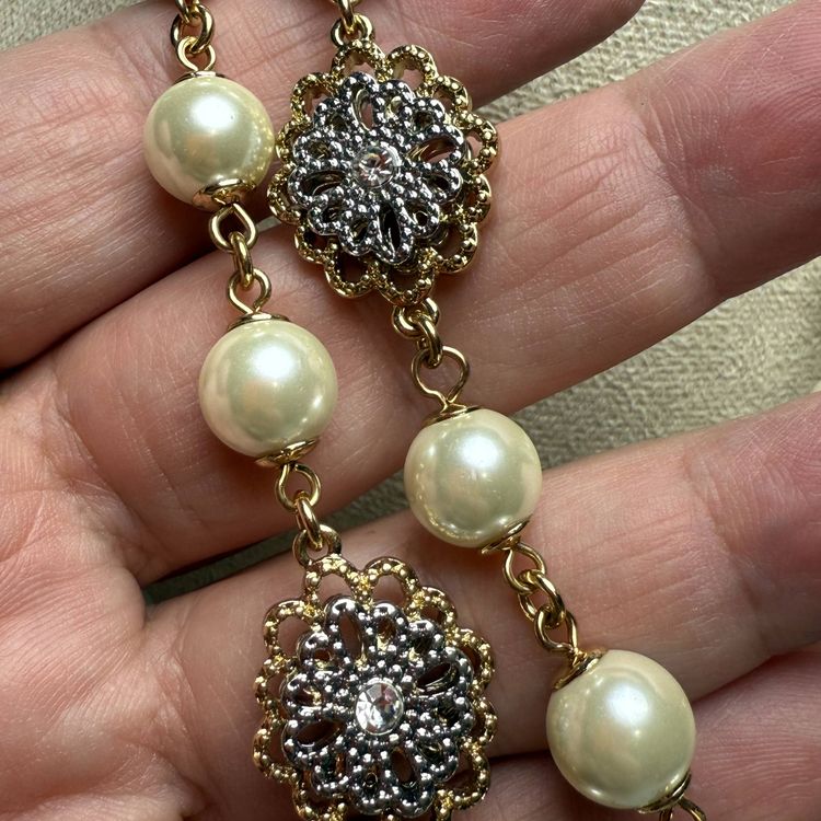Charter Club Two Tone 42" Heavy Faux Pearl Station Necklace Filigree Floral Nice