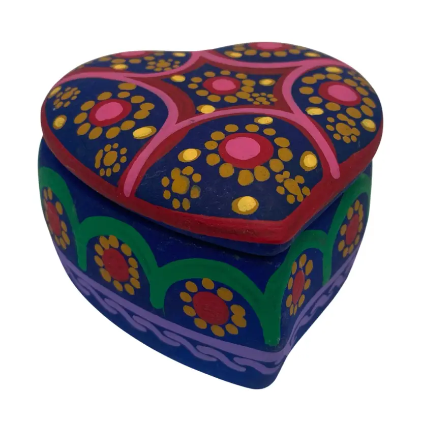 Terra Cotta Heart-Shaped Trinket/Jewelry Box Mexico Hand-Painted Florals Sticker