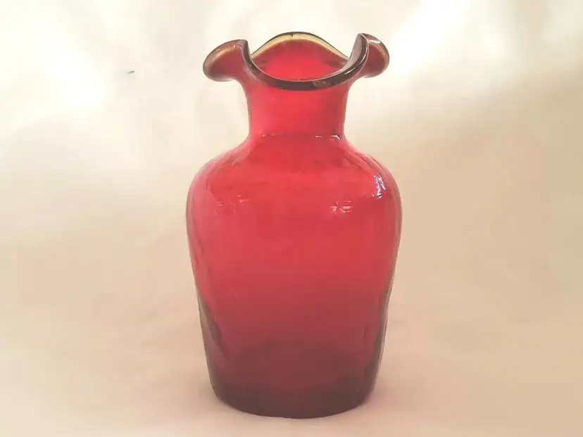 Red Crackle Glass Handblown Vase with Ruffled Rim 4 1/2" tall approx. Vintage