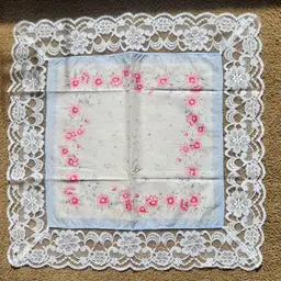 Handkerchief Scarf w Lace Trim Pink Red Blue Floral Square Hanky 23" Square VTG