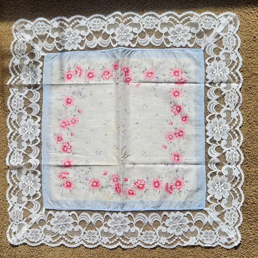Handkerchief Scarf w Lace Trim Pink Red Blue Floral Square Hanky 23" Square VTG