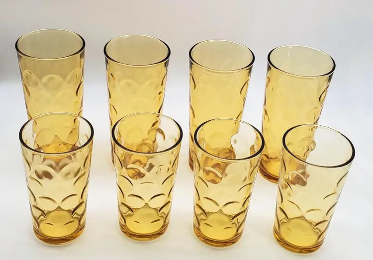 1960's Hazel Atlas El Dorado Coin Dot Gold Amber Tea & Juice Glasses (total 8)