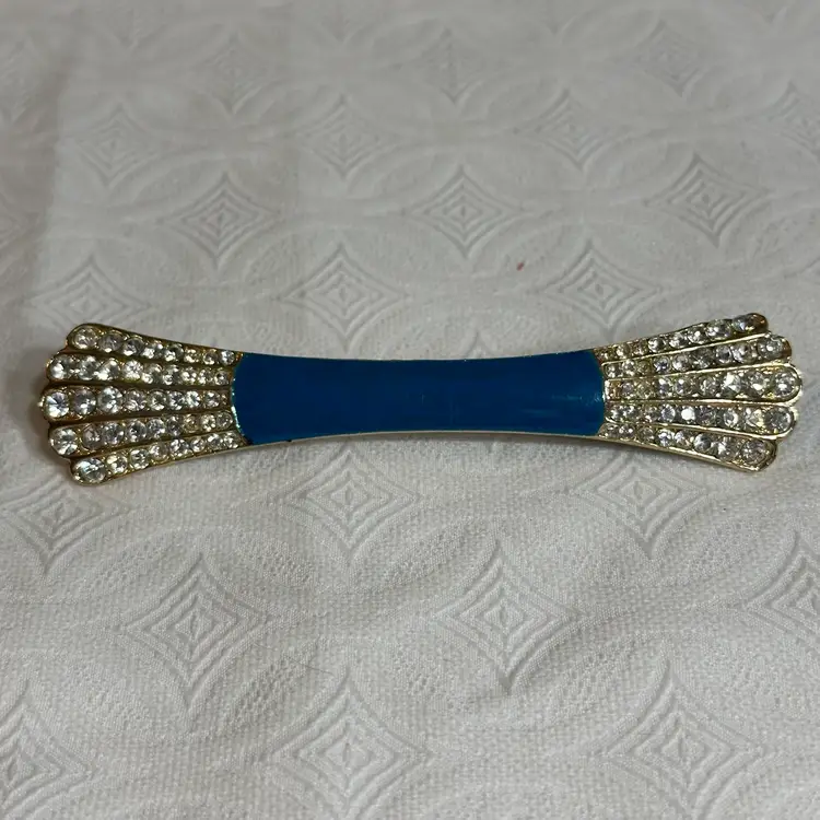 Vintage Gold Tone Art Deco Style Rhinestone And Teal Enamel Bar Brooch