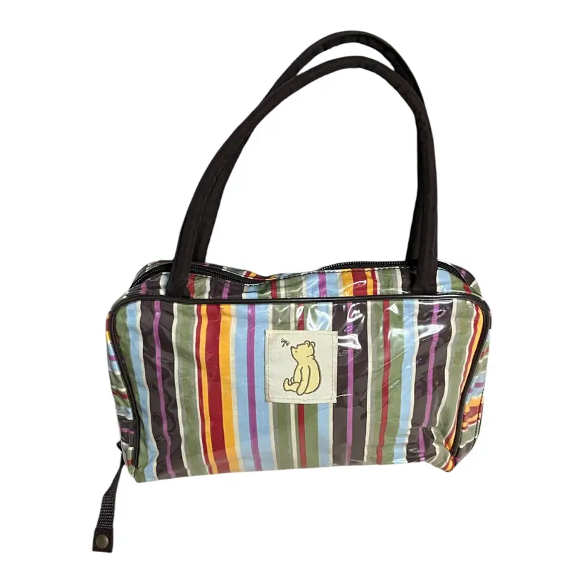 Winnie the Pooh Vinyl Striped Zipper Handbag – Versatile Storage/Lunch Bag, Approx. 10" x 6"