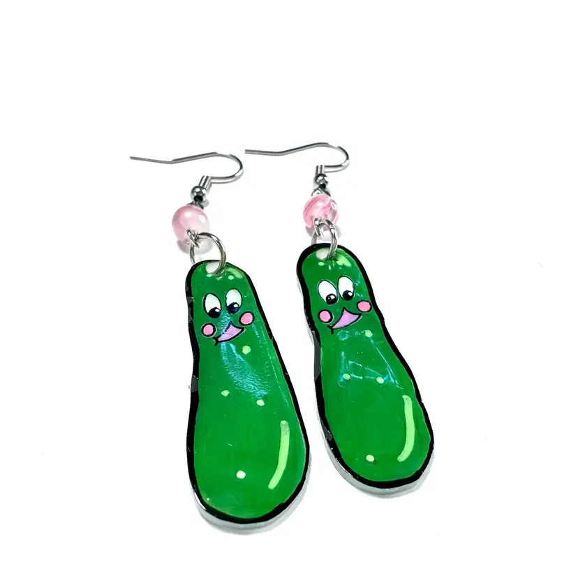 Handmade Pickle Earrings Shrink Plastic Pink Glass Bead Silver Tone 2.75”L