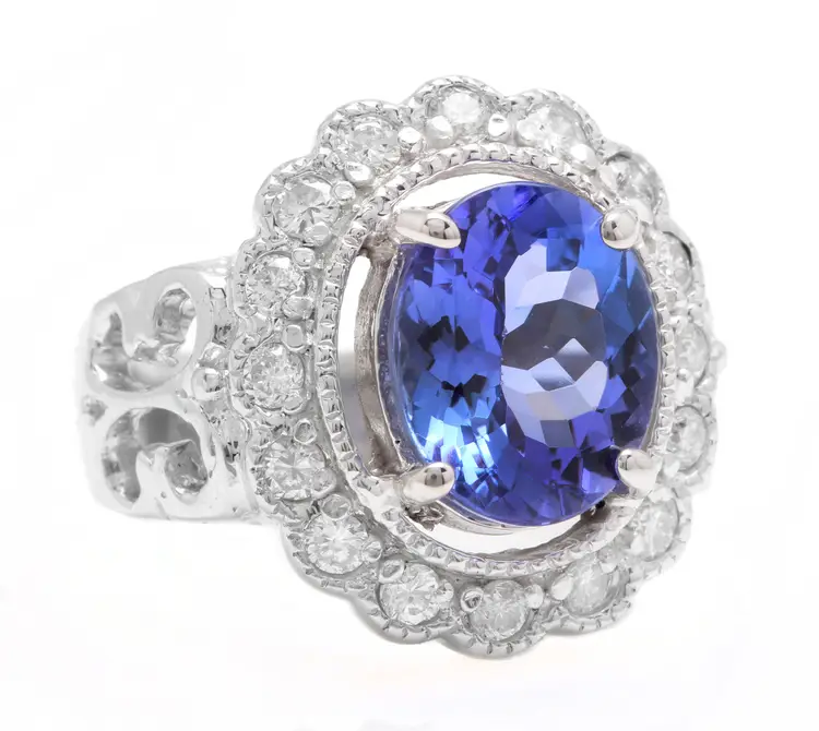 5.70 Carats NATURAL TANZANITE and DIAMOND 14K Solid White Gold Ring