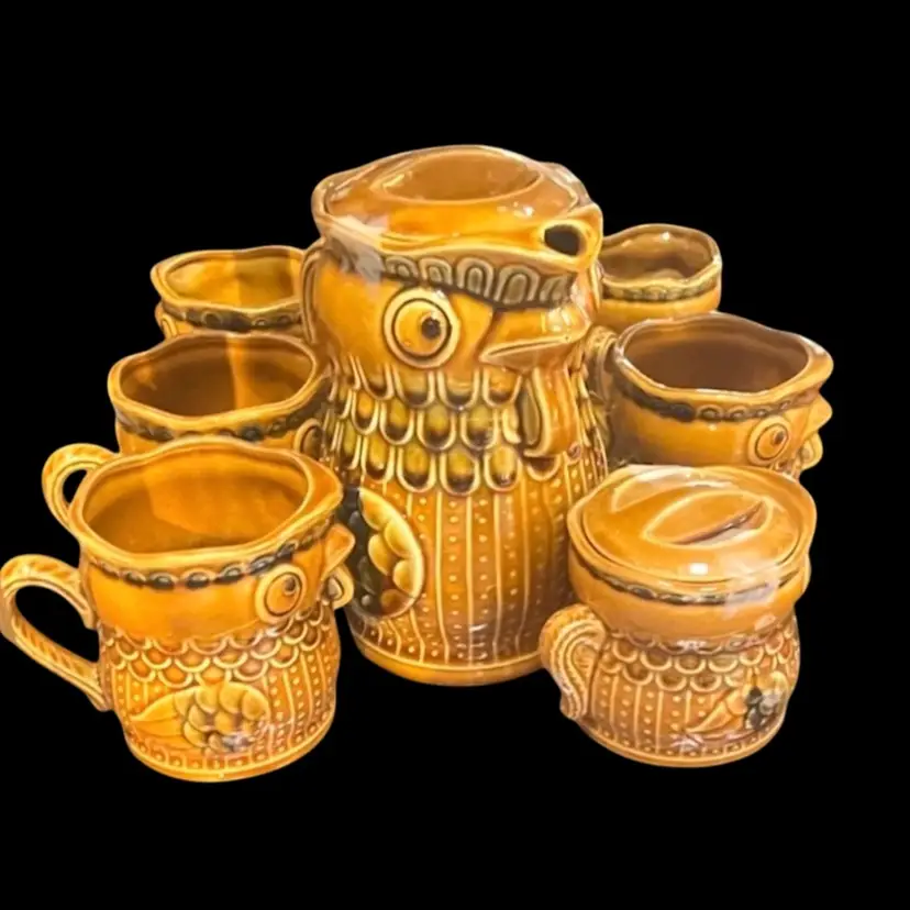 Vintage Chicken Rooster Coffee Teapot Sugar Creamer 4 Mug Set Japan MCM Cottage Country Granny Core Farmhouse Decor