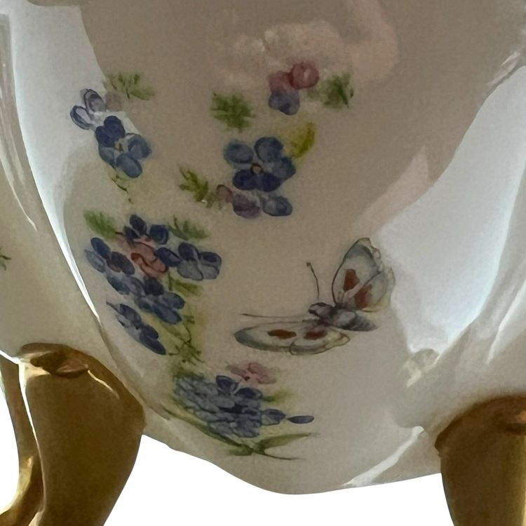 008 Vintage 1978 Ceramic Gilt Blue Flowers Butterfly 3 Feet Artist Signed 5.5" X 3.5"