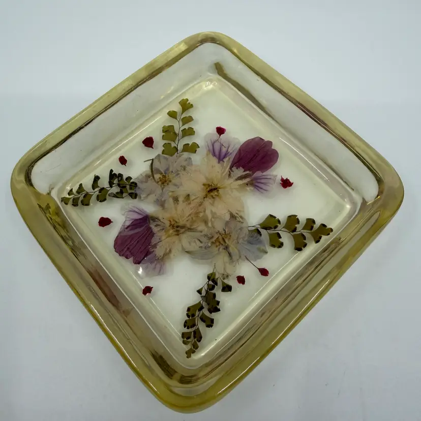 Vintage Lucite Square Trinke- Soap Dish W Embedded Dried Pressed Flowers