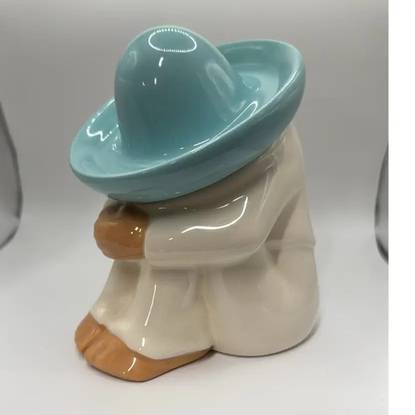 Ceramic Figurine Sombrero Man Sleeping Pedro Siesta Southwest Aqua White