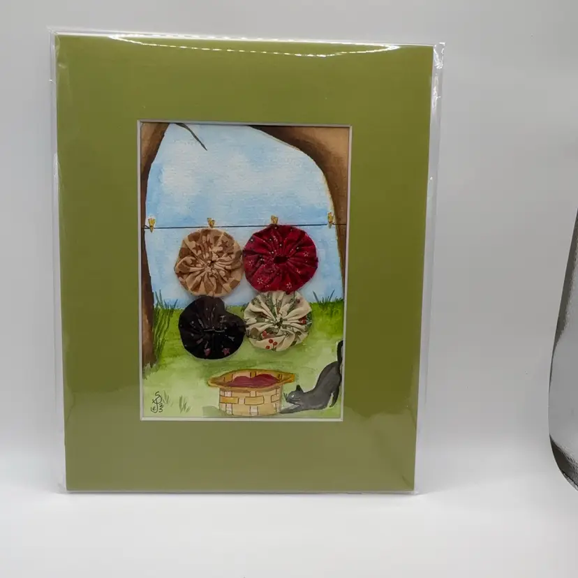 Original Watercolor With Cat And Repurposed Popcorn Quilt Pieces