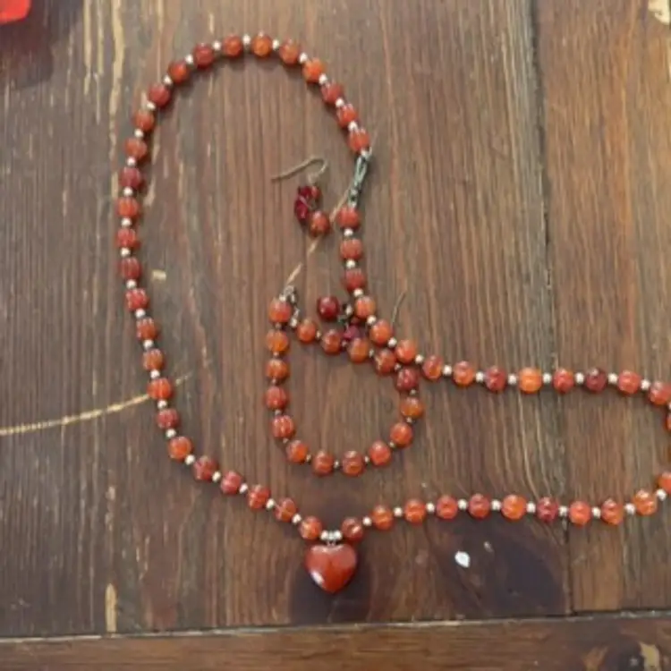Burnt Orange Glass Bead Vintage Set Heart Necklace Bracelet Earrings
