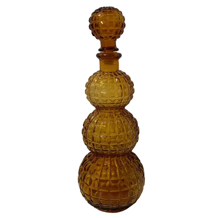 Empoli Glass Golden Amber Gourd Triple Bubble Genie Bottle w Stopper - 12.5”