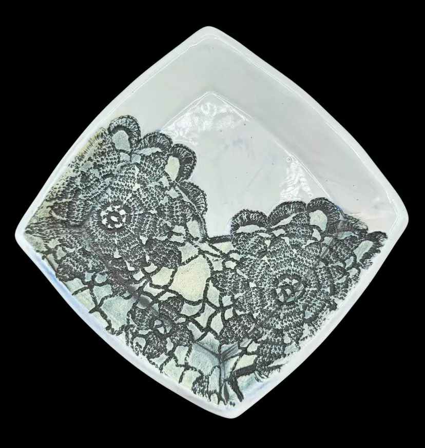 Studio Art Pottery Plate Dish Square Impressed Lace Pattern Textured Gray 6.25”
