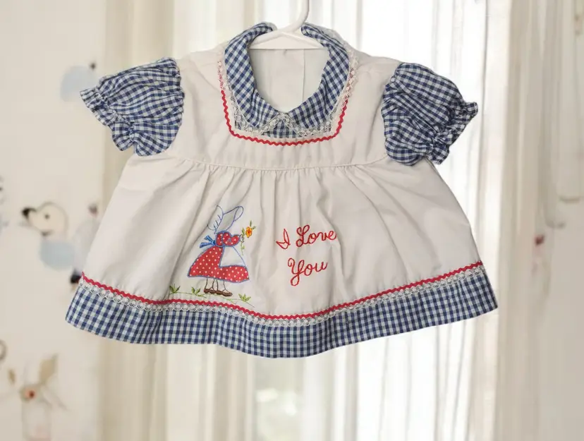 Vtg Gingham Embroidered Infant Girls Babydoll Dress Size 6 mo See Msmts Country