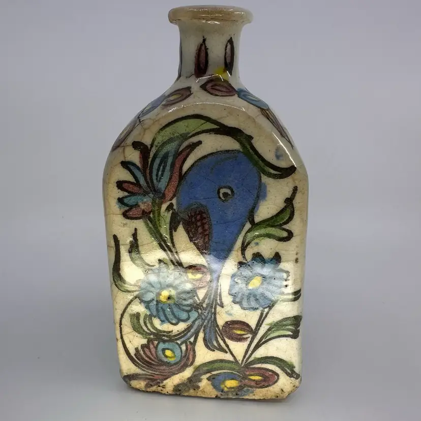 Antique Triangular Persian Qajar Iznik Bottle Flask Vase Floral Hand Painted 8.5”