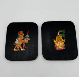Vintage Mexican Wood Enamel Aztec Wall Art Plaques Set Of 2 October November