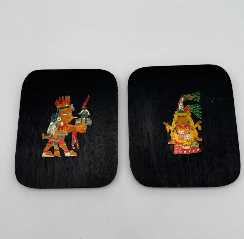 Vintage Mexican Wood Enamel Aztec Wall Art Plaques Set Of 2 October November