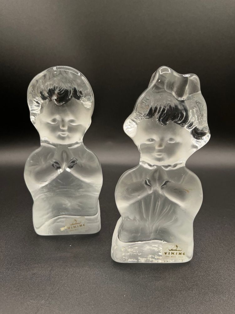 #10 Pair Of Viking Art Glass Praying Children Paperweight Book Ends 6.5”