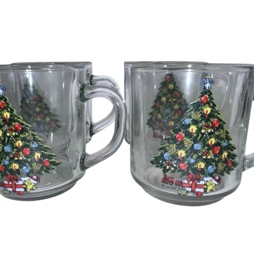 Luminarc-Carlton Set Of 4 - 10 oz Crystal Christmas Tree Mugs/Cups 1985 Vintage