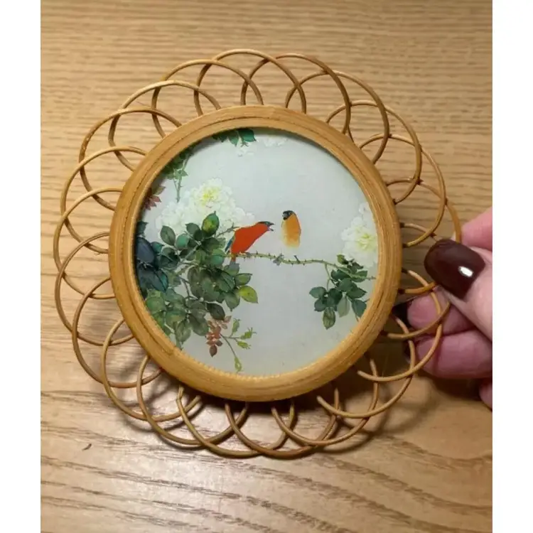 Vintage Bamboo Coaster Set Of 4 With Flowers Trees Light Brown Wood 1984 Pretty!