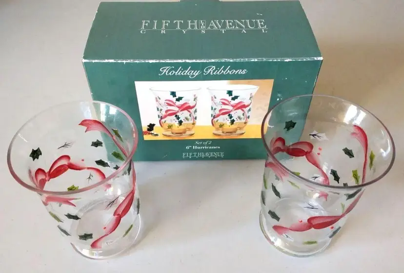 Fifth Avenue 6" Holiday Christmas Ribbon Candle Hurricanes, Set of 2