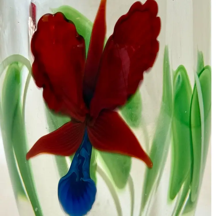 Orient And Flume Floral Art Glass Vase Paperweight  6 1/8” Tall- Signed by Artist- Partial Label