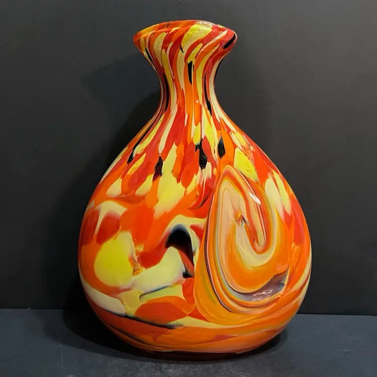 Very Large & Heavy Orange Yellow Swirl Art Glass Vase, Made in Poland ~11.25” x 8.5” x 4”