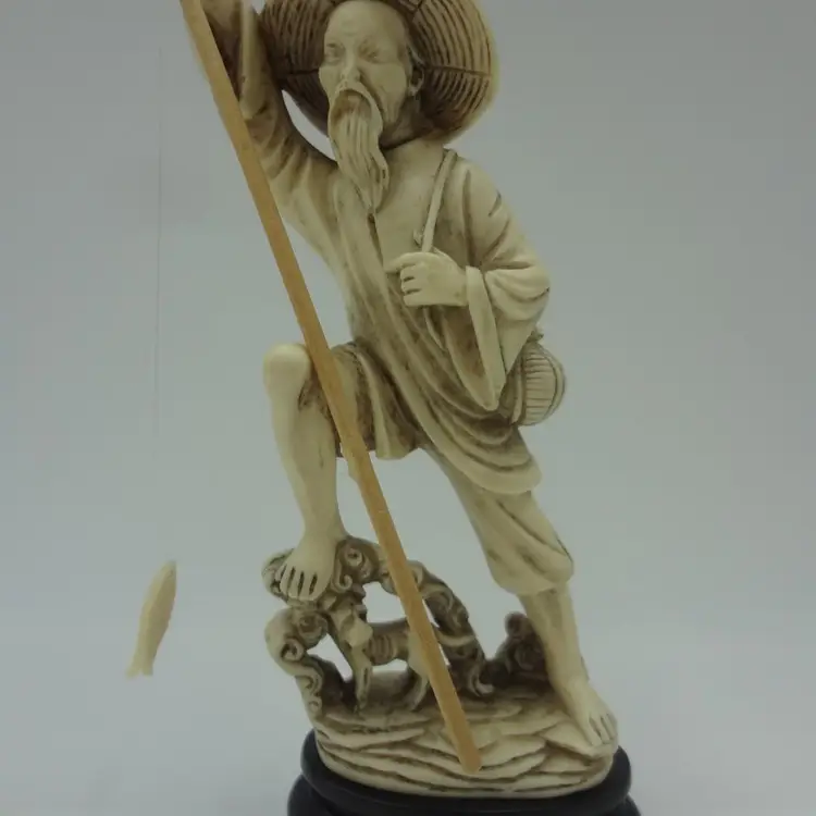 Oriental Asian Carving Style Decorative Fisherman And Dog Statue