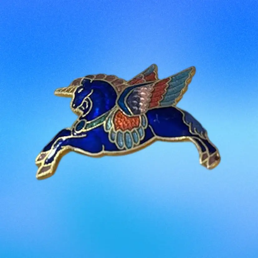 #21 Cloisonné Multicolored Mythical Winged Unicorn Brooch Pin 1.25x1 “ Goldtone Back 
Excellent Condition UNTESTED